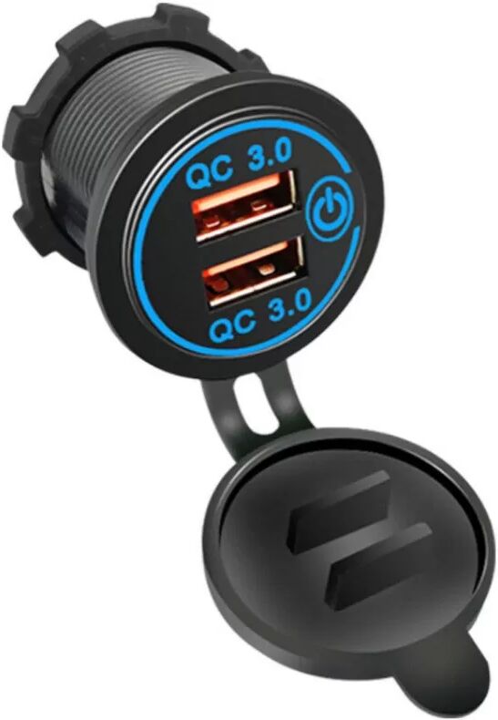 INF Duales QC3.0-Autoladegerät mit Schalter Schwarz + Blau