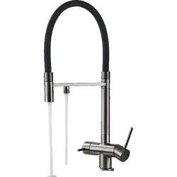 KLARWERK® Lana | Flex 3-Wege Armatur Edelstahl Schwarz Grau | Trinkwasser Wasserhahn Küche | Osmose Sprudel Mischbatterie U-Auslauf 3 Anschlüsse