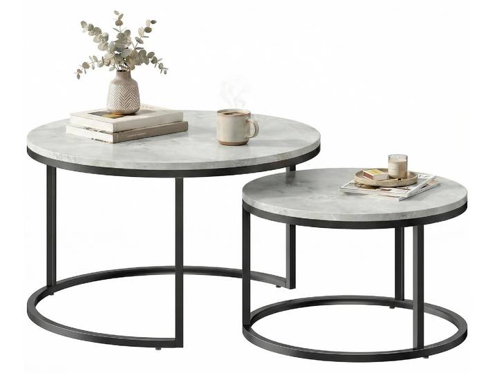 HOMCOM Couchtisch rund 2er Set Stapelbarer Wohnzimmertisch mit Marmoroptik Grau