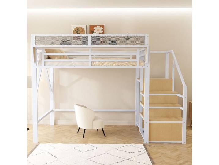 Lit mezzanine en métal avec échelle lit mezzanine enfants 140x200 avec compartiments de rangement lit mezzanine adultes (blanc)