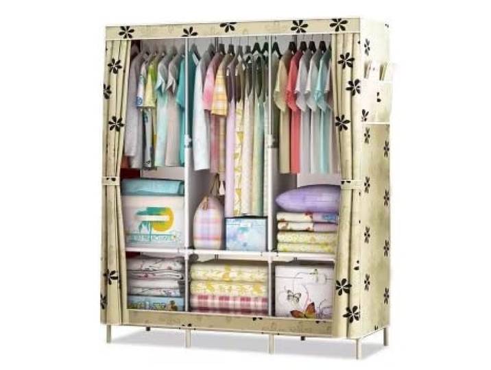 Tragbarer Canvas-Kleiderschrank Mit 3 Kleiderstangen Und Seitentaschen Kleiderschrank-Aufbewahrungsorganisator(C)
