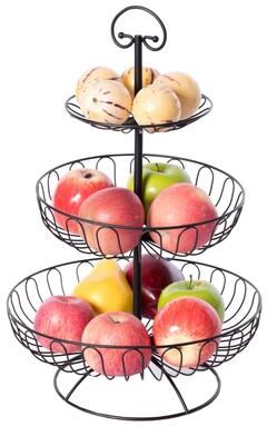 Basicwise 3 Tier Fruit Basket Stand for Kitchen Counter - Black Wire Metal Produce Organizer, Vegetable Storage Bin