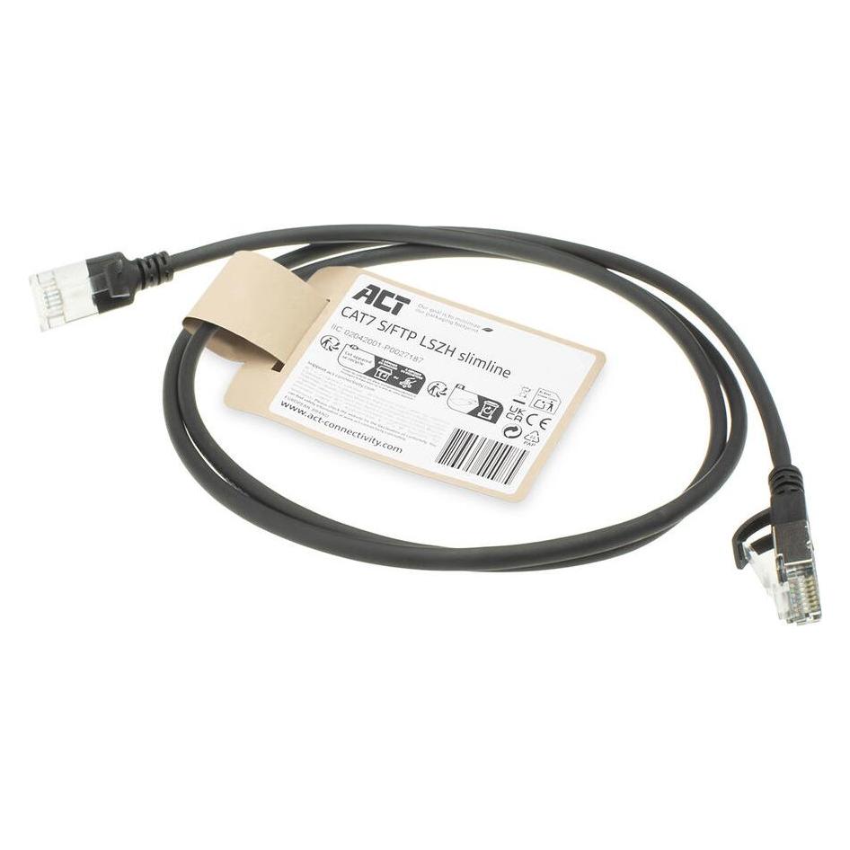 ACT Black 1 meter LSZH S/FTP CAT7slimline patch cable snagless with RJ45 connectors (S/FTP, CAT7, 1 m) (DF7901)