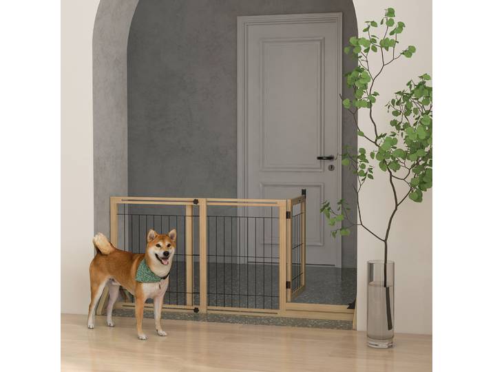 PawHut Barrière Extensible Chiens Bois Naturel avec Porte 70 cm