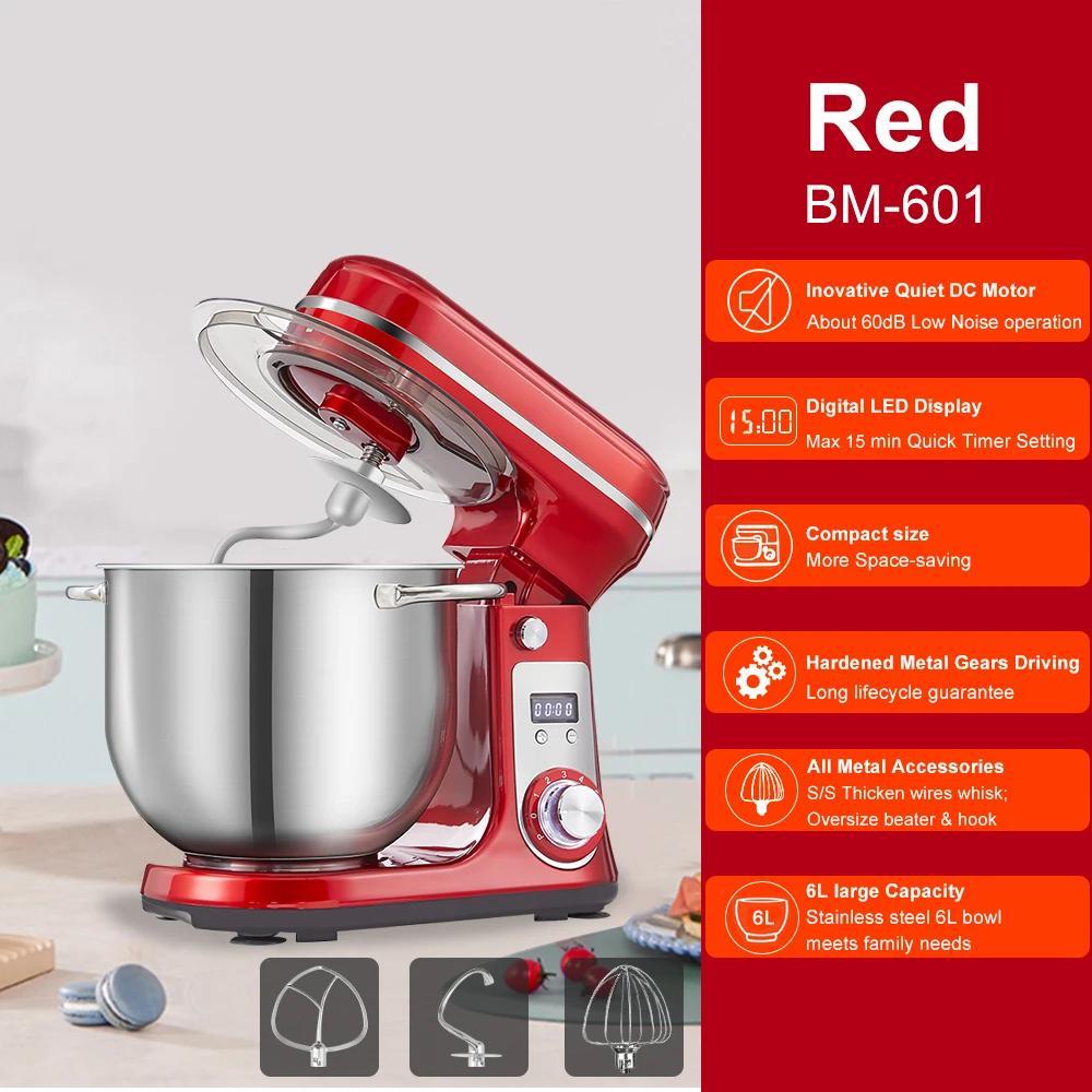 Küchenmaschine Knetmaschine - BM-601 Küchenmaschine - Leistung 1200 W - 6 L Edelstahlschüssel - Leiser DC-Motor - 6 Geschwindigkeiten - Schwenkbarer Kopf - EU-Stecker - Rot