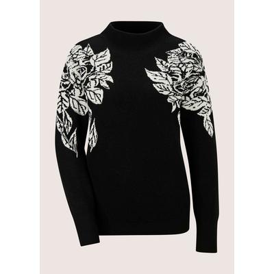 Longpullover MADELEINE "Pullover Jacquard-Pullover mit floralem Motiv", Damen, Gr. 34, schwarz, wollweiß, Pullover Longpullover