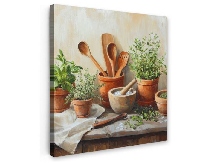 LEINWANDBILD Töpfe - Kräuter - Holz Wandbild Wohnzimmer 50x50 cm