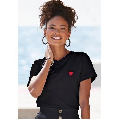 T-Shirt LASCANA, Damen, Gr. 32/34, schwarz, Jersey, Obermaterial: 100% Baumwolle, unifarben, figurumspielend hüftlang, Rundhals, Shirts T-Shirt, mit süßer Herz-Stickerei, Kurzarmshirt aus Baumwolle, Herz-Shirt