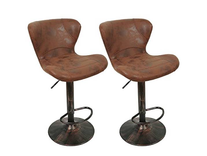 THINFAR Barhocker, Vintage, 2 Stück, industrieller Barhocker aus Kunstleder, höhenverstellbar und 360° drehbar, Barstuhl mit Fußstütze und Rückenlehne (braun)