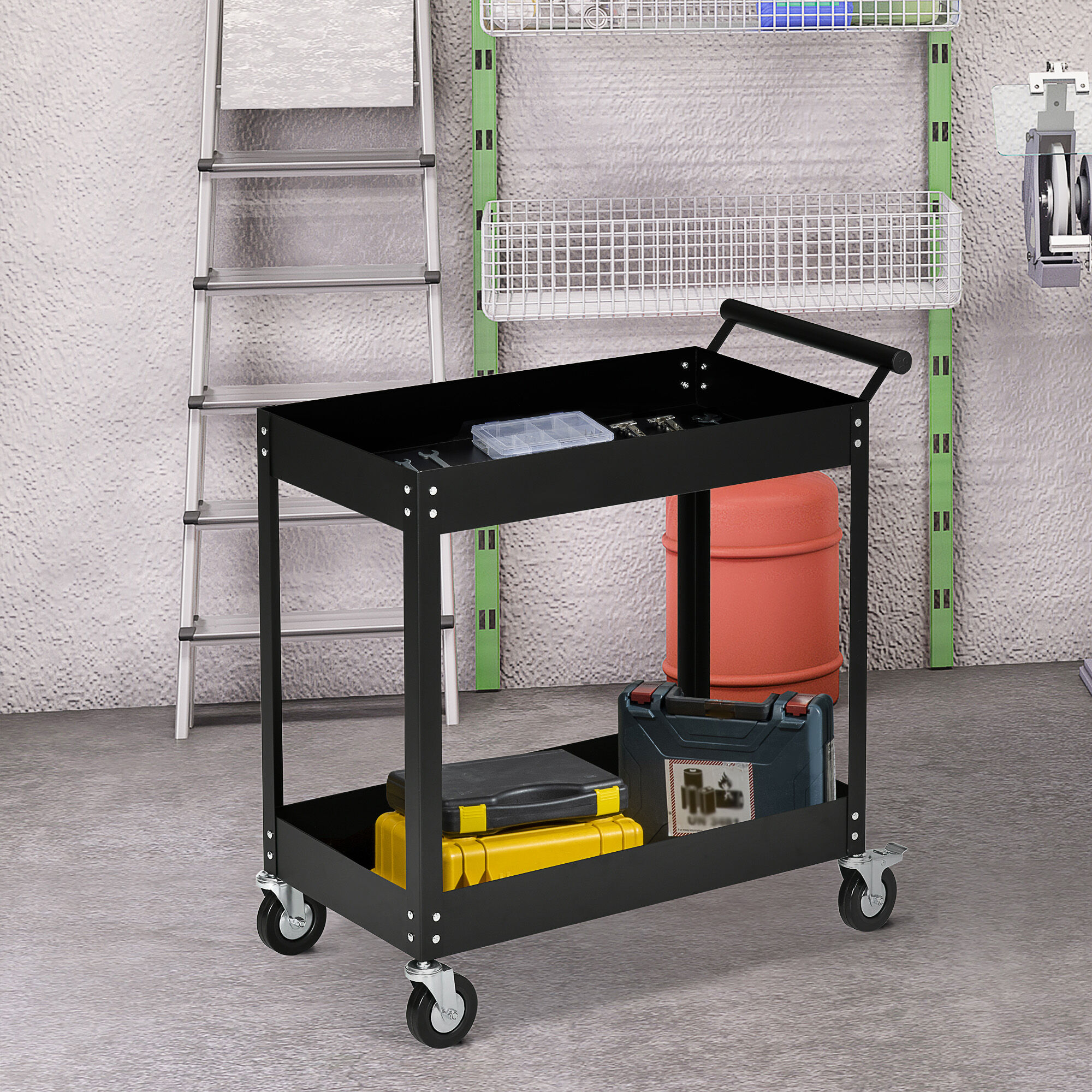 Altro Carrello Porta Attrezzi A 2 Ripiani In Acciaio, 84.5x38x84cm, Nero