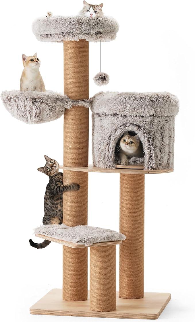 Kratzbaum für Katzen,155cm Katzenbaum mit sechs 20 cm dicken Kratzsäulen aus Jute, Plüsch-Multi-Level-Katzenkondo abnehmbar, Katzenbaum aus natürlichem