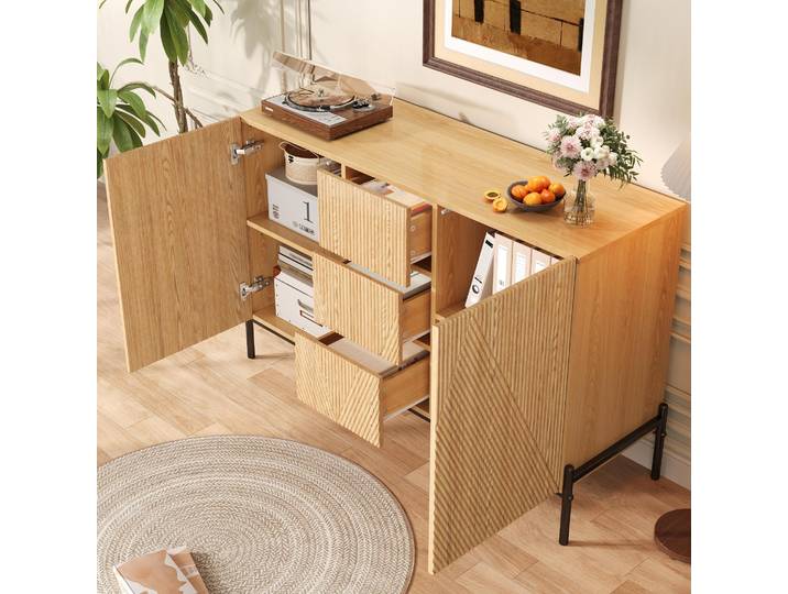 STILVORA Sideboard mit geometrischer Struktur und Doppeltüren, Aufbewahrungsschrank mit mittlerer Schublade und viel Stauraum, Wohnzimmerschrank multifunktional