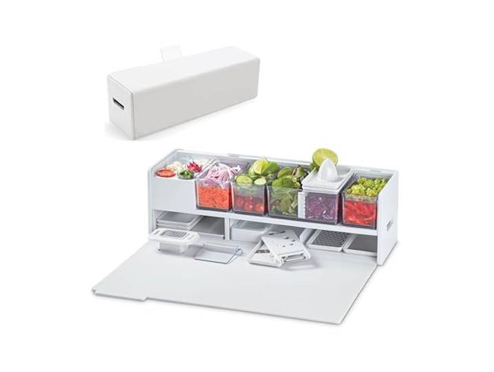 Prepdeck Gen 2 Rezeptvorbereitungs- und Aufbewahrungsstation – 8 wichtige Werkzeuge + Deluxe-Schneidebrett, 14 Kunststoffbehälter + superversiegelte Deckel, abnehmbare Müllfächer, Tablet-Ständer im