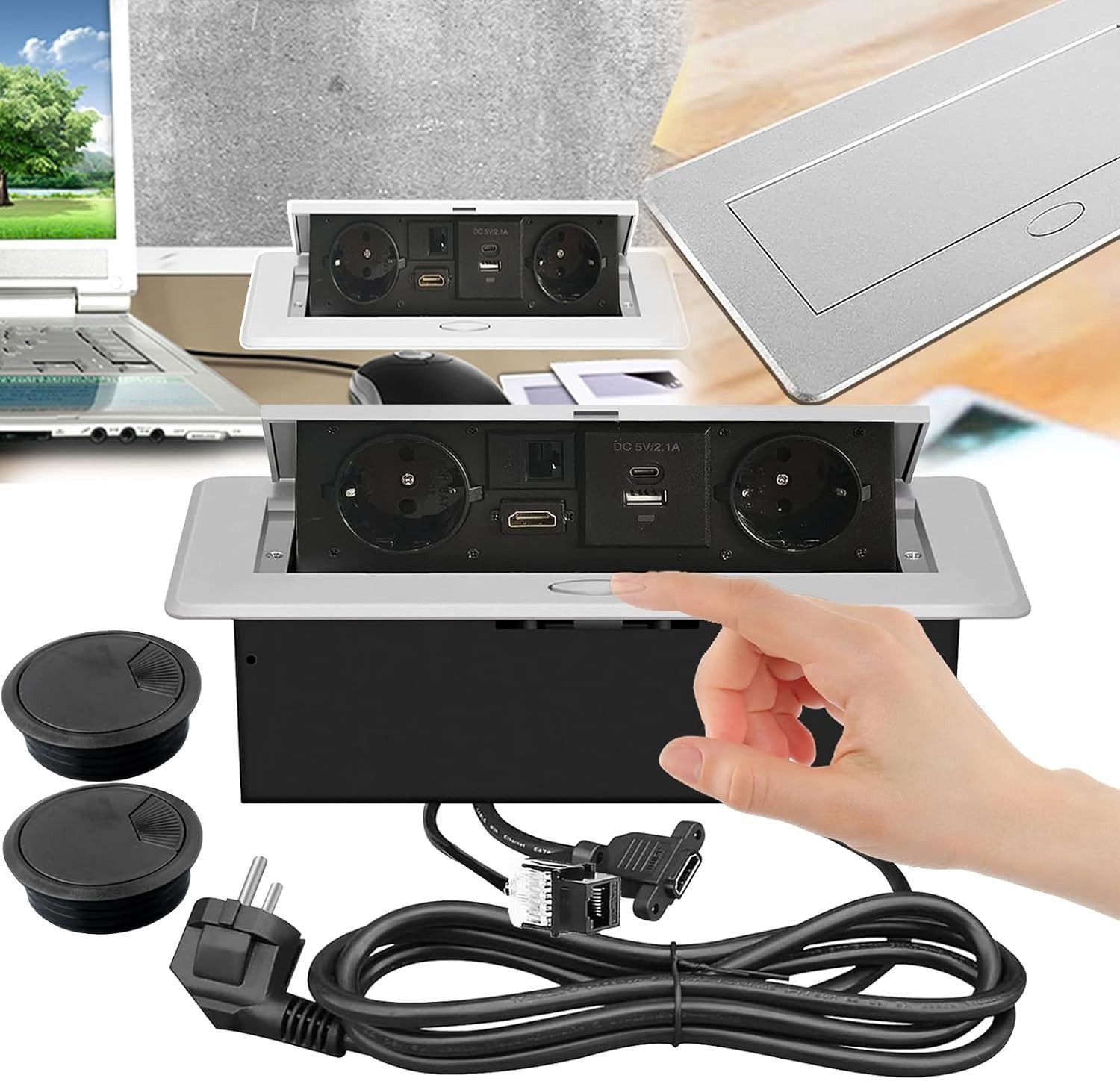 Flush-Mounted Tafelstopcontact met USB, EU LAN, HDMI en Slimme Oplading voor Kantoor en Keuken met 2 Gatenkappen en 20 W