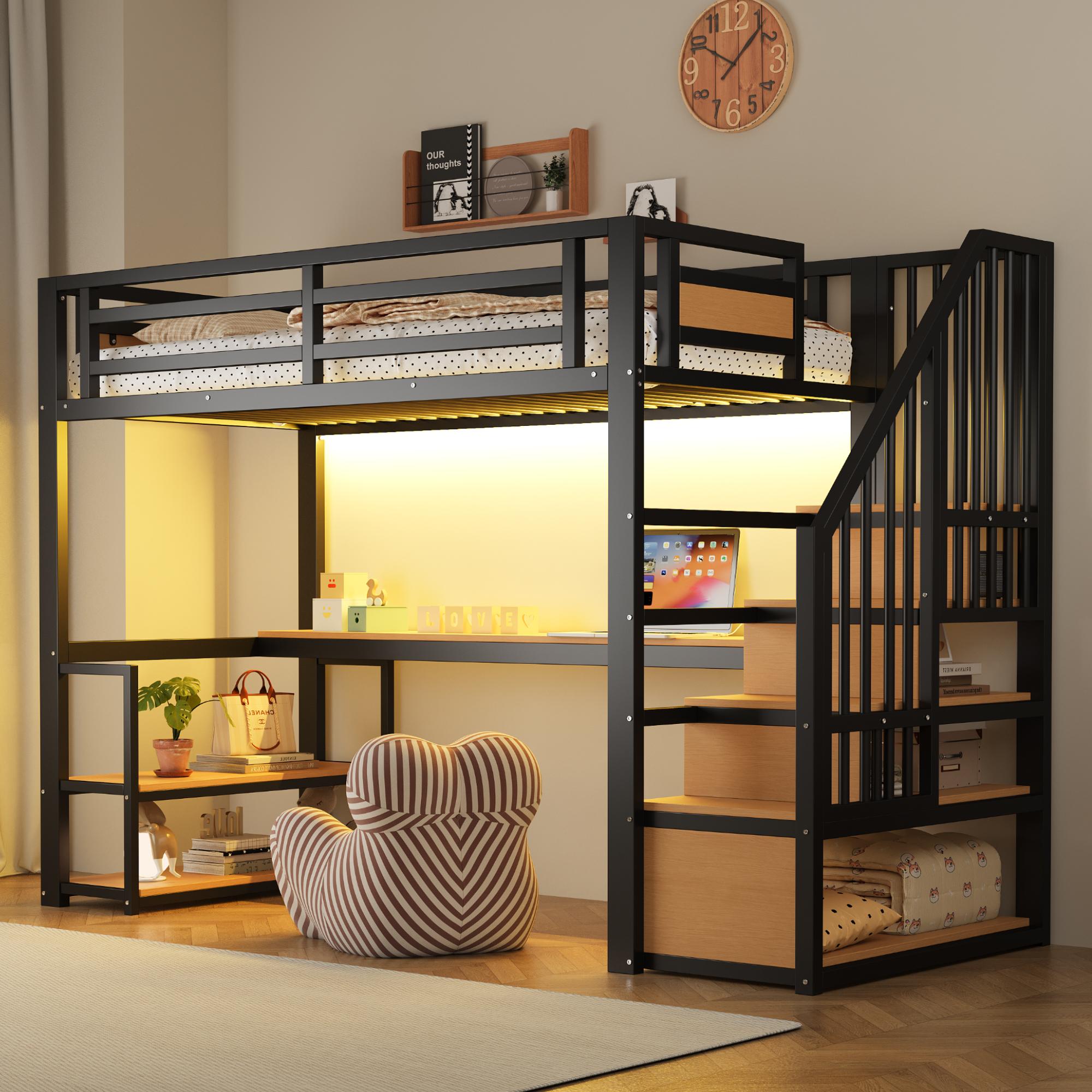 STILVORA Metall-Hochbett 90x200 cm mit LED-Lichtleiste und Steckdose, Hochbett mit Aufbewahrungsleiter, Regalen und Tisch, Eisenbett mit Sicherheitszaun-Design,Schwarz