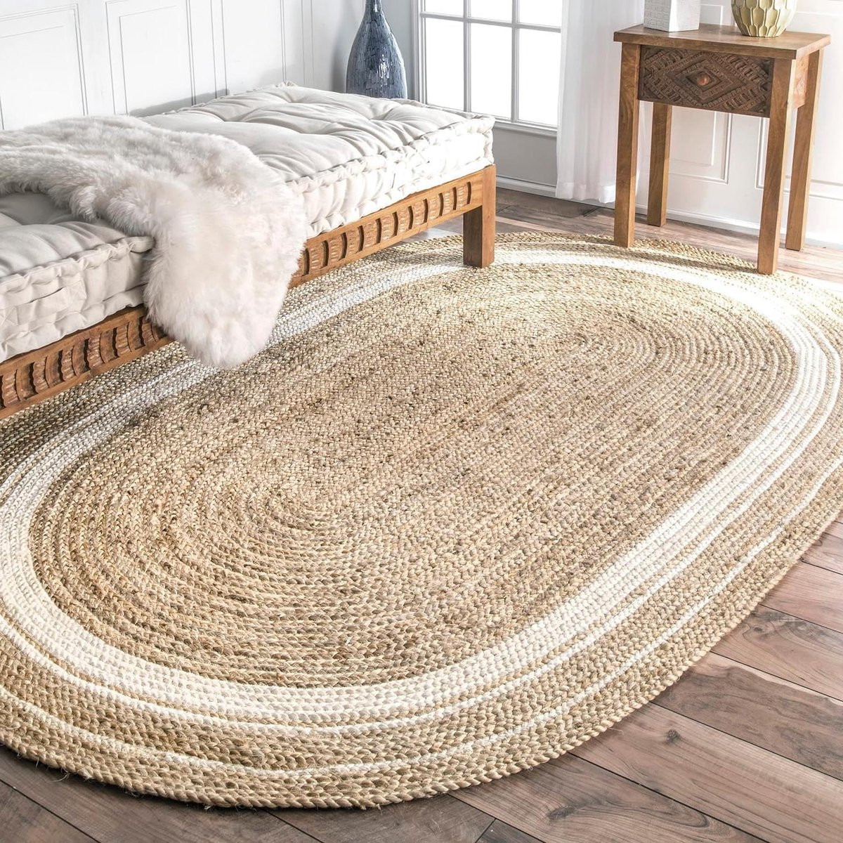 Handgeweven Jute Vloerkleed Off White Boho Stijl