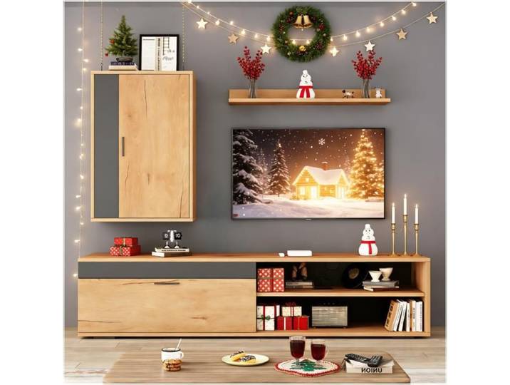 Ensemble meuble tv mural 3 pièces avec meuble tv 140 cm armoire et étagère design moderne couleur bois et noir