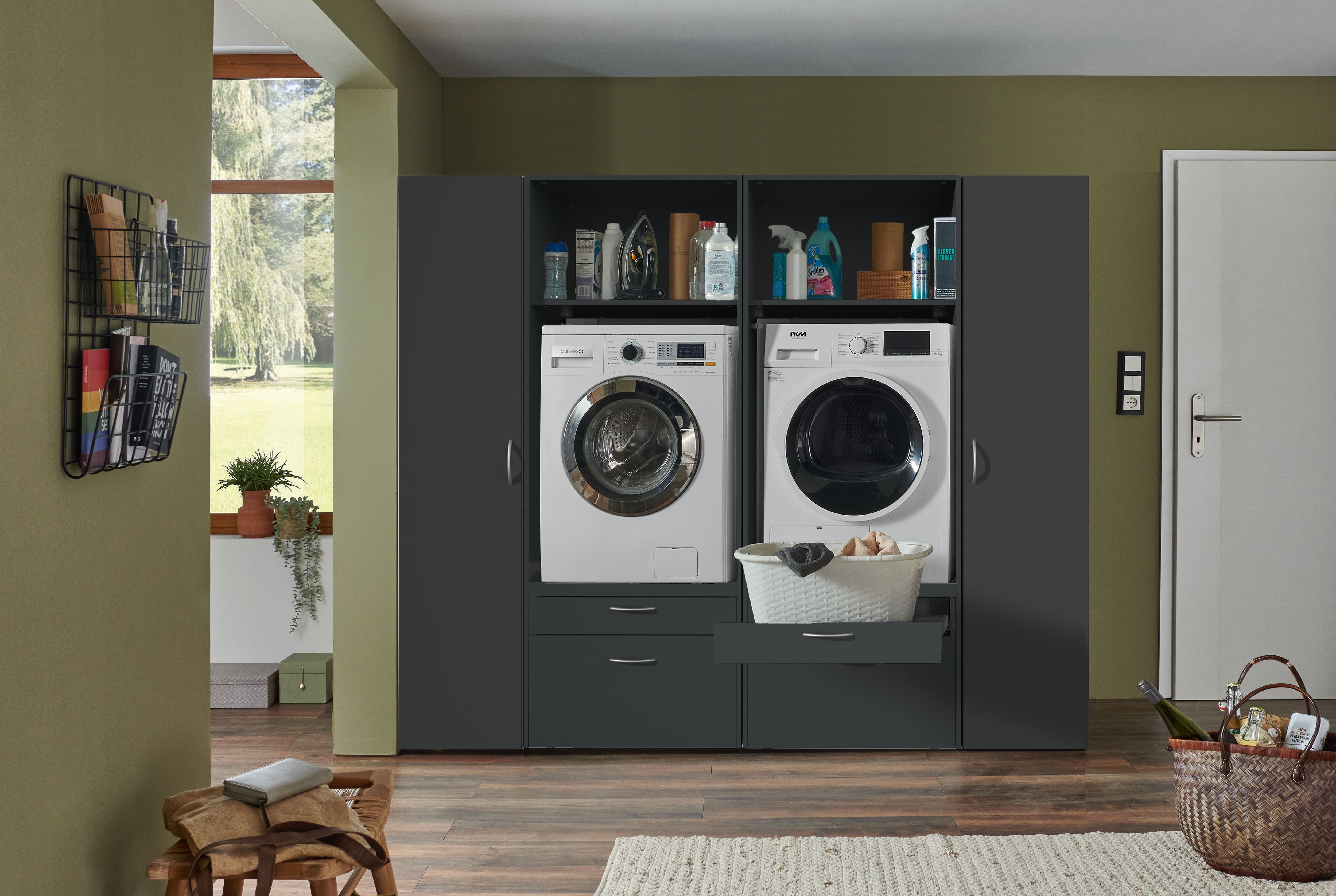 Mehrzweckschrank WIMEX "Multiraumkonzept, praktische Waschmaschinenlösung, Breite: 200cm", schwarz (grafit), B:200cm H:185cm T:69cm, Schränke, Mehrzweckschrank, erhältlich in den Farben grafit oder weiss grafit Grafit, B/H/T: 200cm x 185cm x 69cm