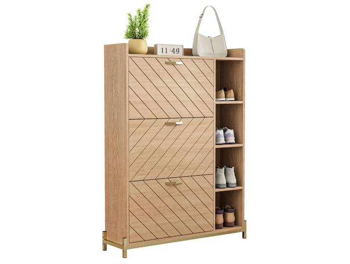 Flieks Schuhschrank Nordisch Eichenoptik 3 Türen schmal Stauraum modern, Naturfarben, 90x119x24 cm, Garderobe, Schuhaufbewahrung, Schuhkipper