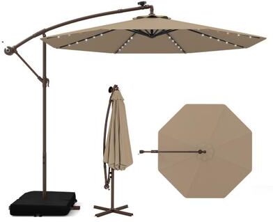 Costway 10 Feet Cantilever Umbrella with 32 LED Lights and Solar Panel Batteries-Tan