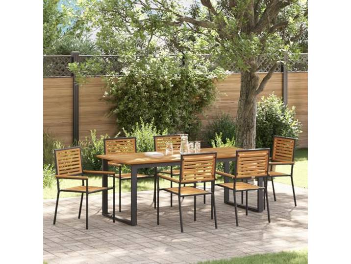HEFZGDB 7-teiliges Garten Esszimmer Set Schwarz Poly-Rattan Akazie für 6 Personen, Modernes Outdoor Tischgruppe mit Stapelsitzen und UV-beständigen Materialien, Langlebiges