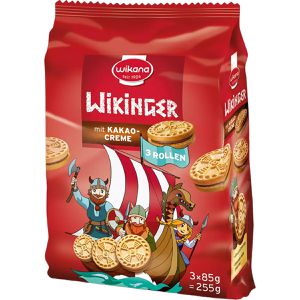 Wikana Kekse Wikinger Mini Sandwichkekse, mit Kakaocreme-Füllung, einzeln verpackt, 255 g, 3 Pack