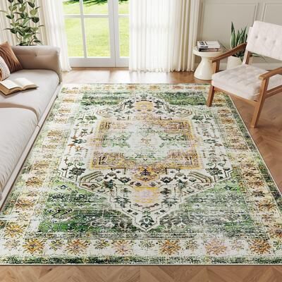 Garvee Washable Distressed Medallion Print Area Rug