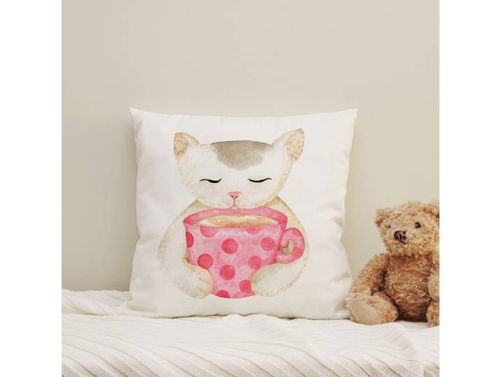 Dekokissen QUEENCE Katze mit Kakao , bunt (bunt, bedruckt gemustert), B:40cm H:1cm L:40cm, Polyester, Dekokissen_Sitzkissen_Kissenhüllen, Dekokissen, Kissenhülle mit HD Premium Druck, geruchsneutral, 40x40cm