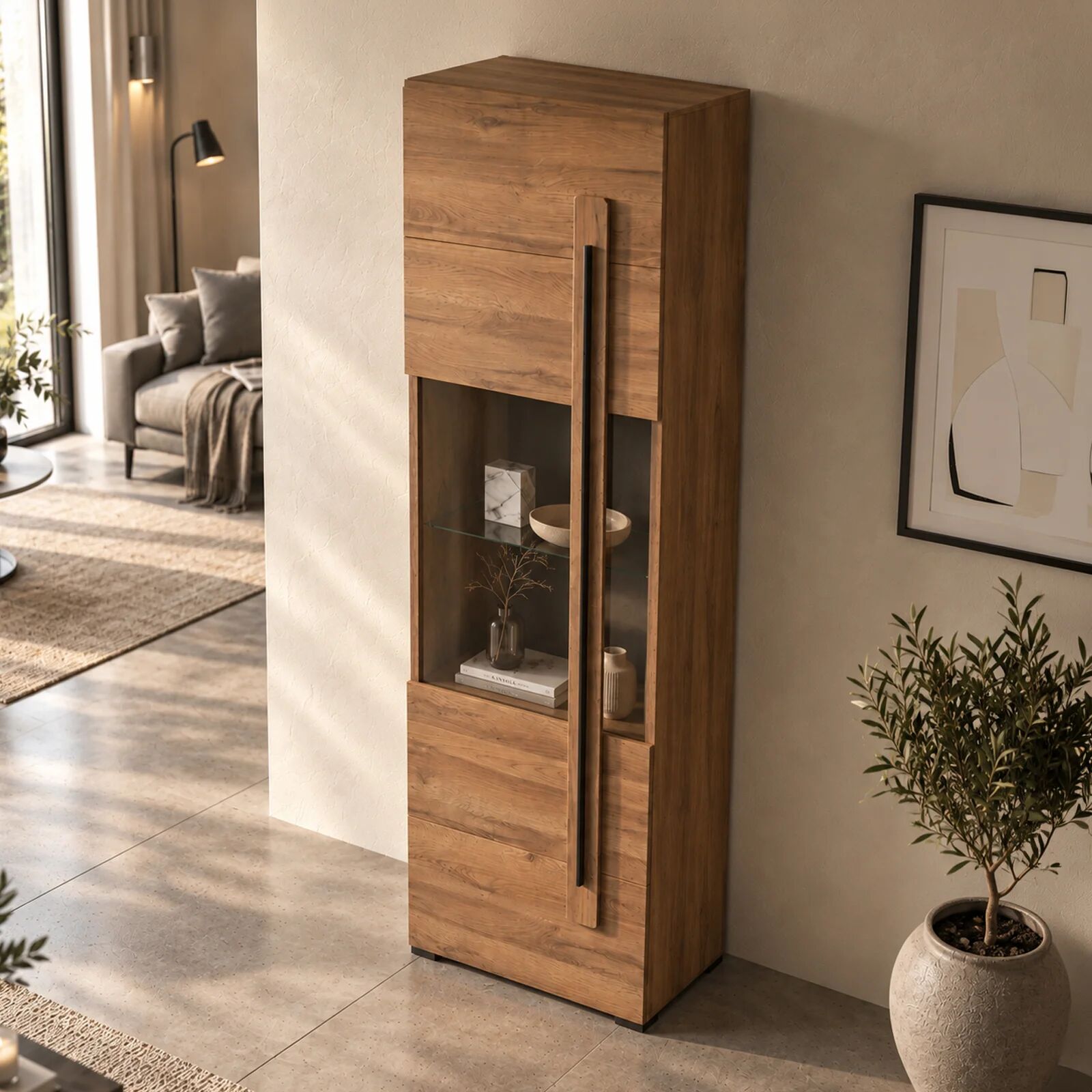 garneroarredamenti Vetrinetta 60x204h cm 1 anta soggiorno moderna rovere nero Maiorca