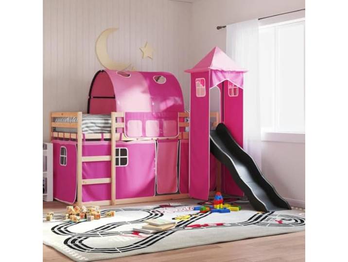 RJPLMFV Etagenbett Kiefer massiv mit Rutsche 80 x 200 cm Ohne Matratze, Vorhänge inklusive, Barrieren 4 Seiten, Leiter, Wandbefestigung im Lieferumfang enthalten