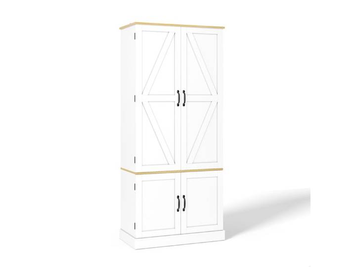 Armoire haute de rangement blanche en MDF avec portes 2 tiroirs étagères réglables et éclairage à détection de mouvement