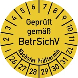 Dreifke® Prüfplakette Gepr.gemäß BetrSichV...2026-2031,Dokumentenfolie,Ø 30 mm,10 Stück/Bogen