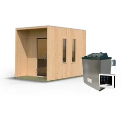 Karibu Design Saunahaus Laguna Blackline - 73 mm naturbelassen Inkl. Terrasse 9 kW Ofen inkl. Steuergerät