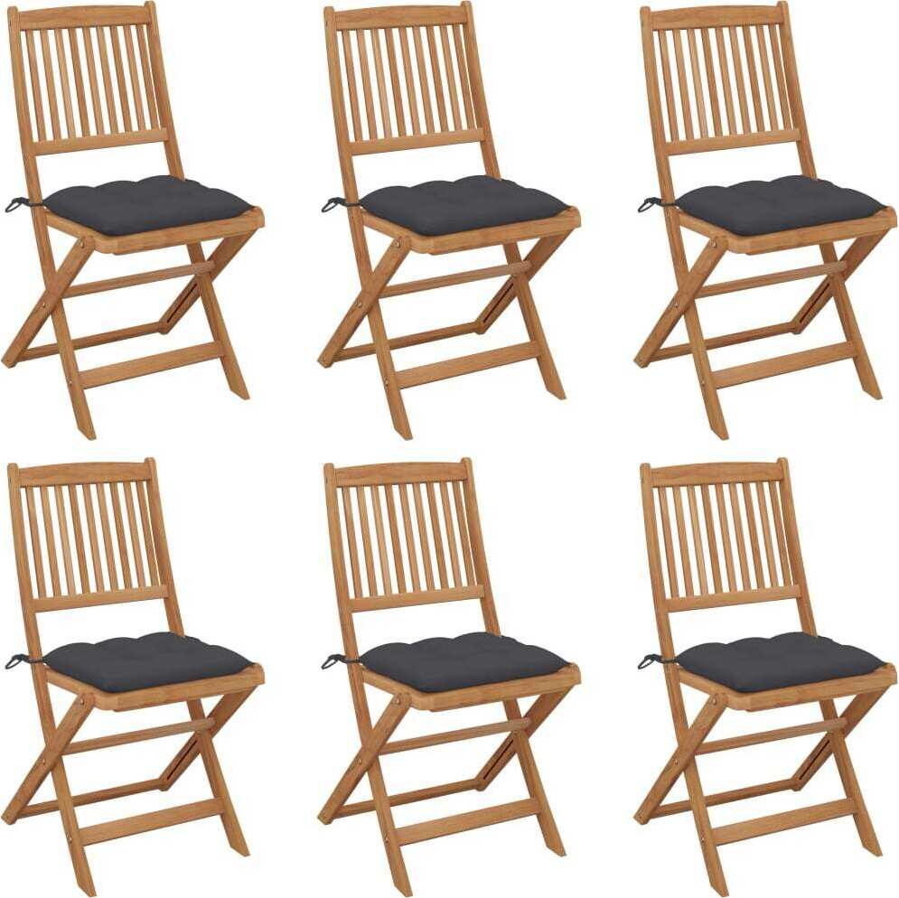 6er Set Klappstühle, Gartenstühle mit anthrazitfarbenen Sitzpolstern, aus massivem Akazienholz geölt, 48,5x57x91 cm