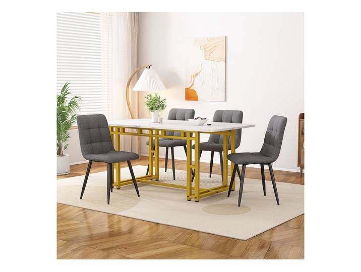 IDEASY Essgruppe Goldener Esstisch 120x70cm +4 dunkelgraue Leinenstühle