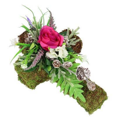 Kunstblume OTTO HOME "Kunstblumen-Gesteck 'Rose' auf Pflanz-Kreuz", dunkelrosa, B:32cm H:15cm L:23cm, Kunstpflanzen, Florales Dekogesteck in Kreuzform mit Rosenblüte