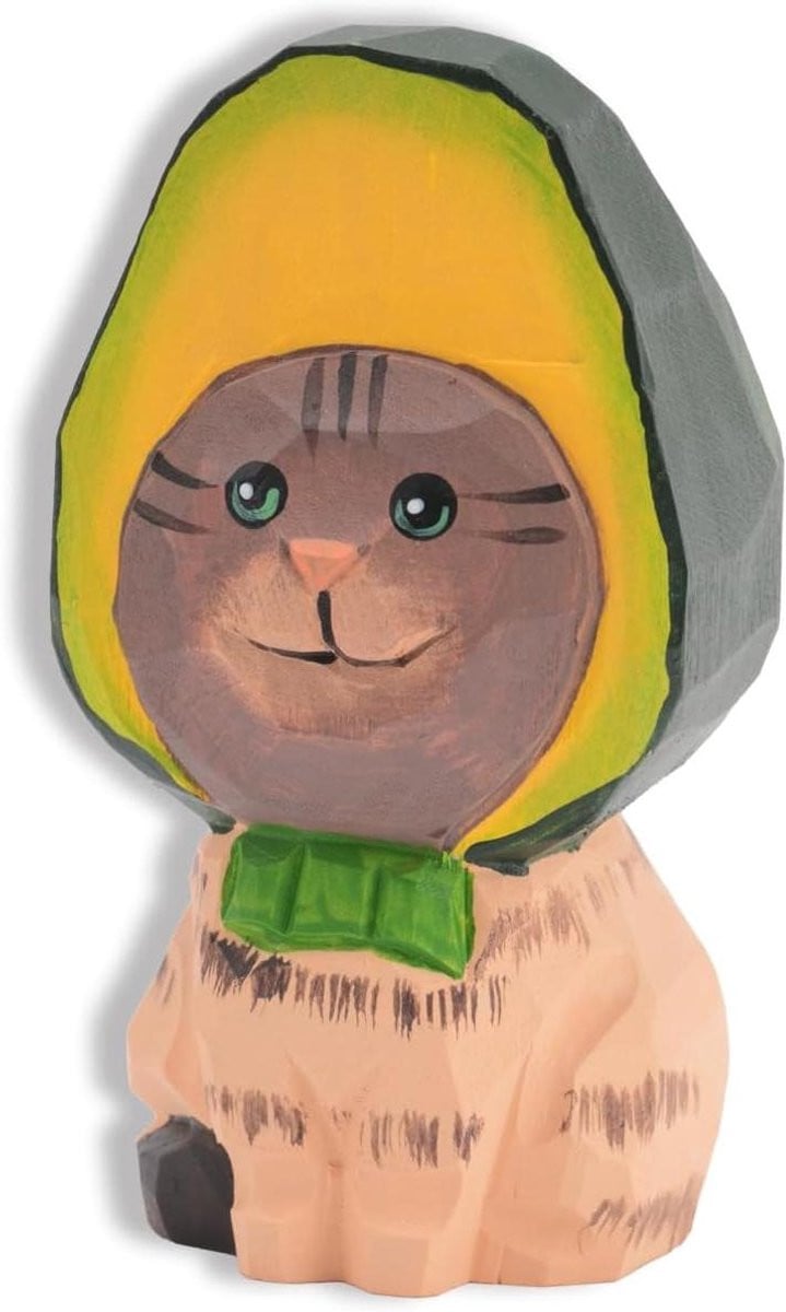 Handgemaakt houten dierenbeeldje Avocado Kat - Uniek handgesneden sculptuur voor op tafel