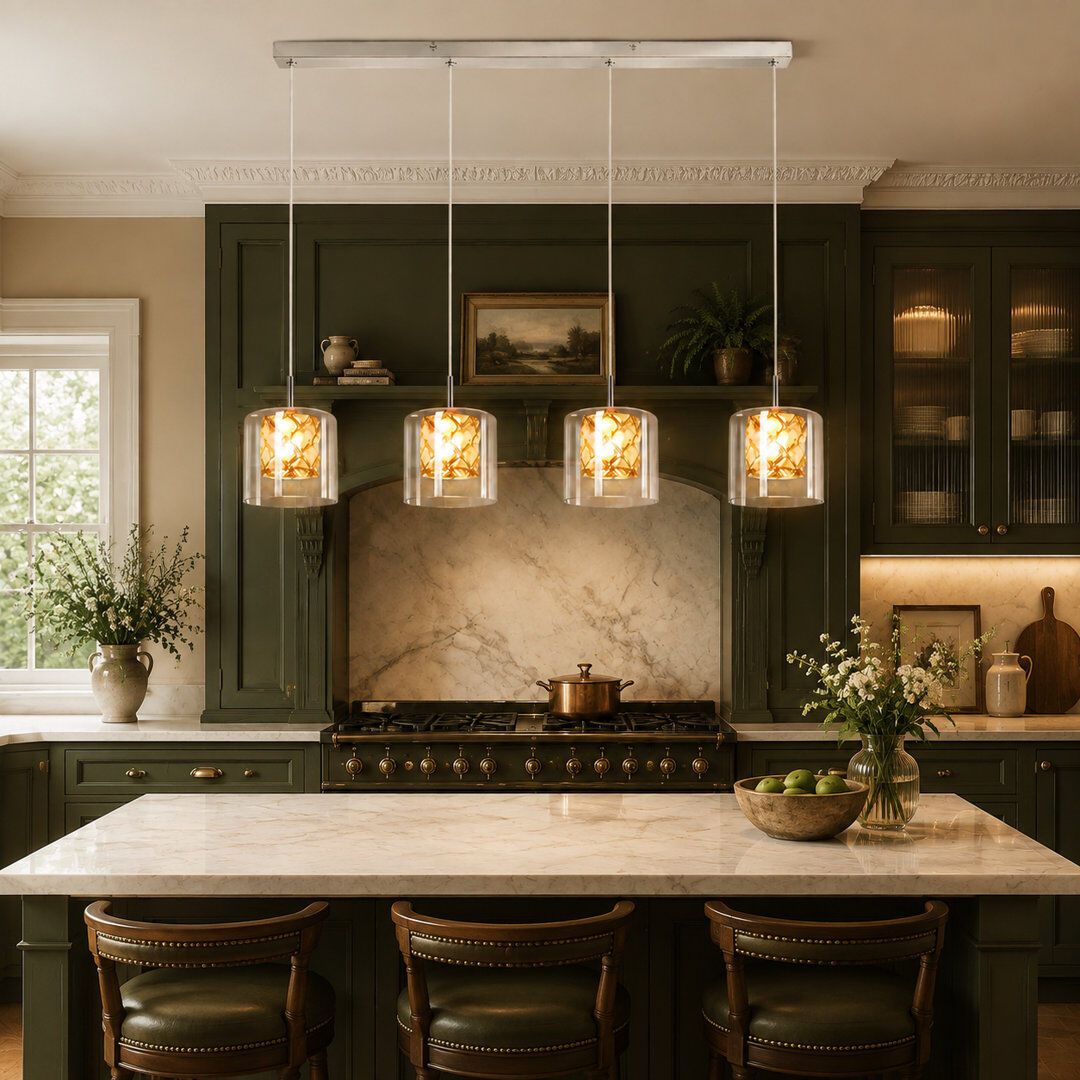 Rosdorf Park G9 Polished Chrome Crystal Pendant Light with Glass Shade for Kitchen Island Polished Chrome 140cm H x 58cm W x 5cm D
