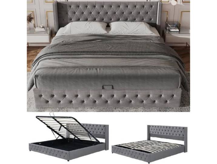Lit coffre adulte 160x200cm - JAERLIUB - Chesterfield - Flanelle gris - Sommier à lattes