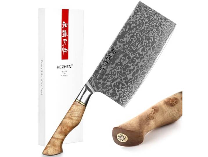 HEZHEN Küche Gemüse Fleischbeil Chinesischer Koch Kochmesser 17.3cm-Metzgermesser 67-Lagig Damaskus Stahl Geschmiedet Scharfe Fleischwolf Messer-rutschfeste Holzgriff + Geschenkbox