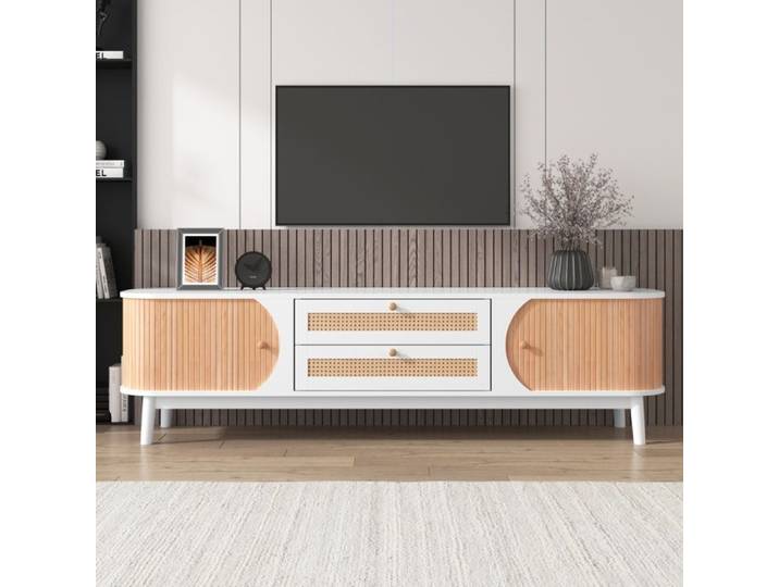Meuble TV - DREAMMESPACE - 170x39 5x46 cm - Blanc - Rotin - Design contemporain