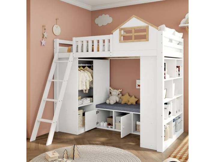 BXEYXE Hochbett 90 x 200 cm in Weiß und Natur, Holzbett Kinderbett mit Hausdesign, Leiter, Kleiderschrank, offenem Regal und Sitzbank mit Stauraum