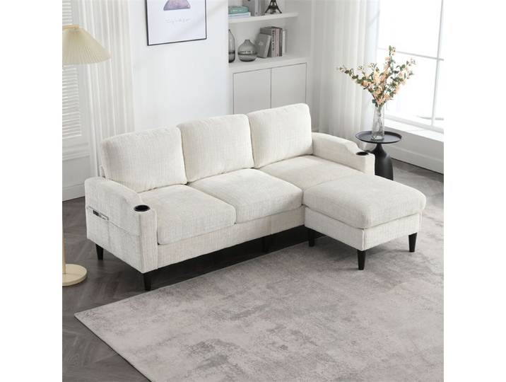 DRIPEX Canapé d'angle élégant 3 Places avec pouf de rangement Canapé en Chenille avec porte-gobelets poches latérales Beige