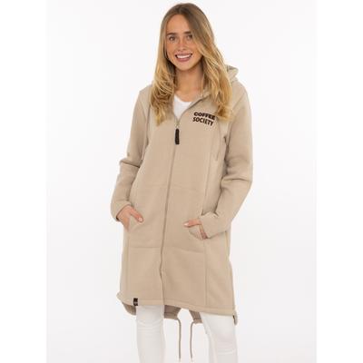 Kurzmantel ZWILLINGSHERZ "Morning Coffee", Damen, Gr. S, beige (pure cashmere), Sweatware, Obermaterial: 50% Baumwolle, 50% Polyester, Mäntel Kurzmantel, große Stickerei hinten, Taschen, Reißverschluß