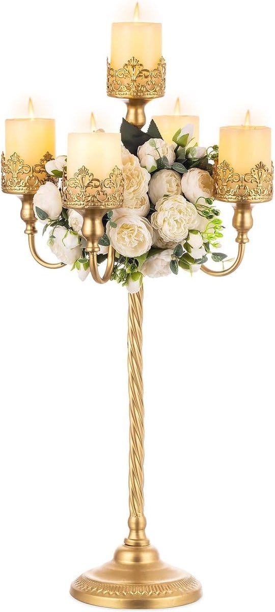 Elegante 5-armige gouden metalen kandelaar voor pilaarkaarsen