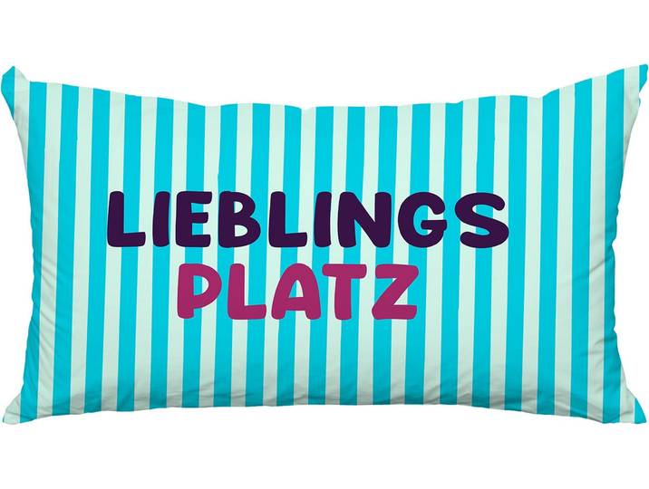 Dekokissen QUEENCE Lieblingsplatz , blau (pink, schriftzug bedruckt gemustert), B:60cm L:40cm, Polyester, Dekokissen_Sitzkissen_Kissenhüllen, Dekokissen, Premium Outdoor Kissenbezug; Format: 60x40 cm