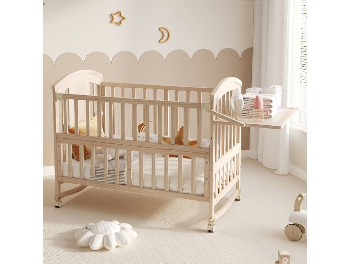Lit bébé convertible en bois 120x60cm, lit multifonctionnel en bois naturel avec table à langer, mode lit d'appoint et roulettes