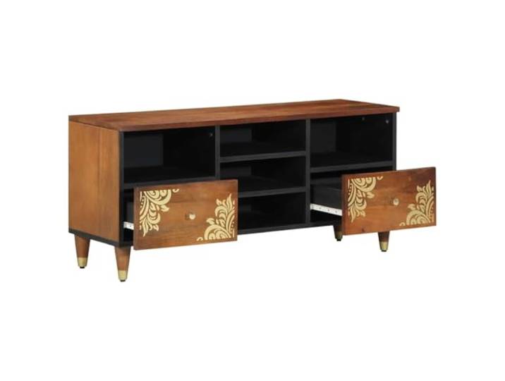 TV-Schrank Honigbraun 100 x 33 x 46 cm Massivholz Mango Mit Stauraum, Messingknöpfe, Messingbeine, goldener Siebdruck, Medienfächer, Wohnzimmer