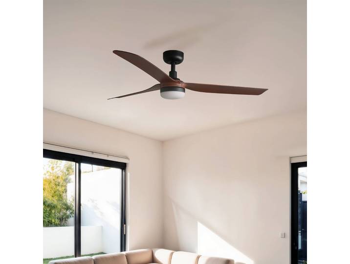 FARO BARCELONA LED-Deckenventilator Punt M, schwarz/holz, DC, leise, 130 cm dimmbar, schwarz, für Wohn- / Esszimmer, Metall, Modern
