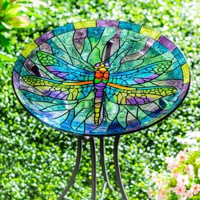 Evergreen 18 in. Dragonfly Stained Glass Birdbath